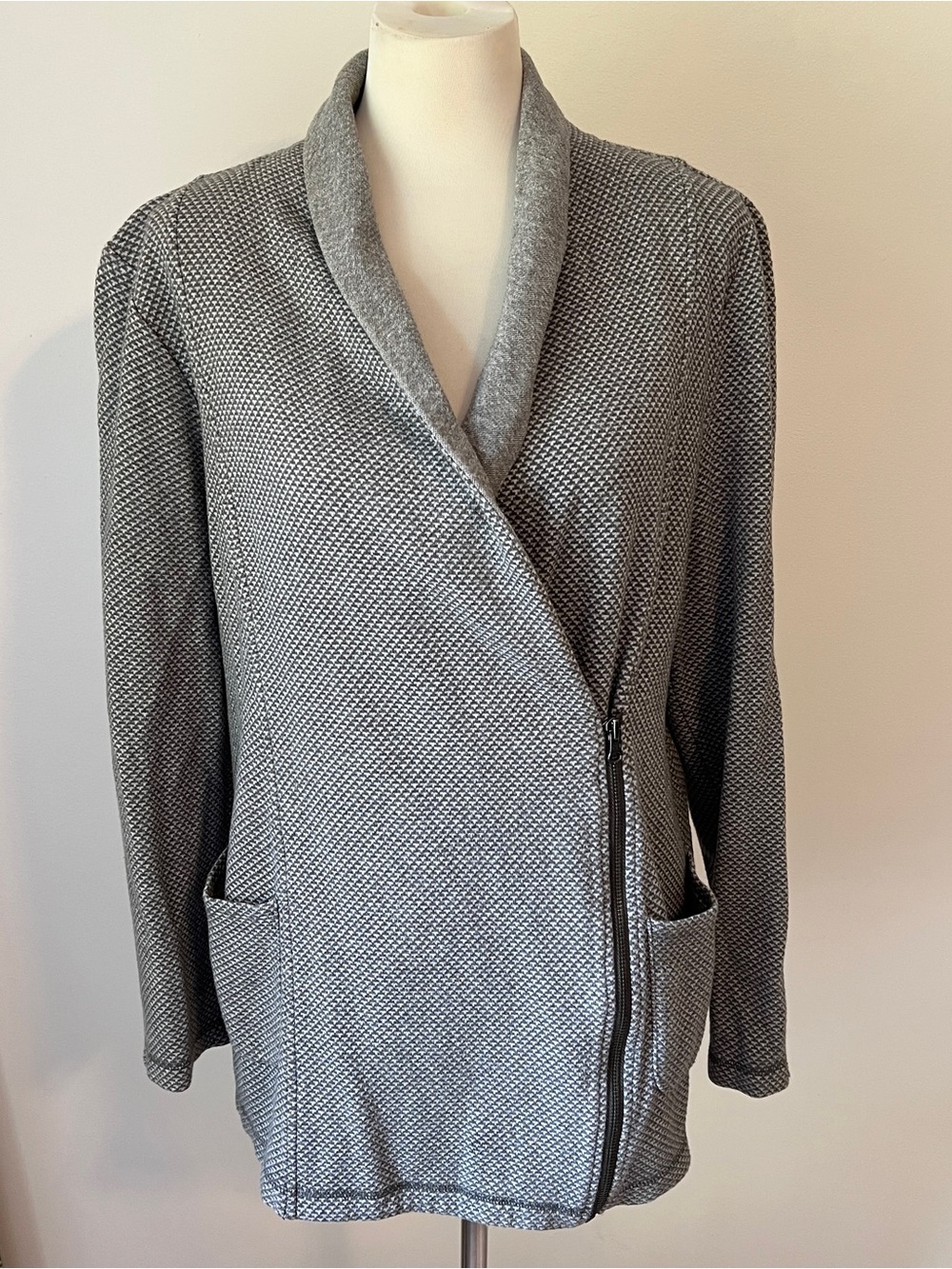 TALBOTS Textured Knit Moto Wrap Jacket Gray Cotton Zip Front Size Large